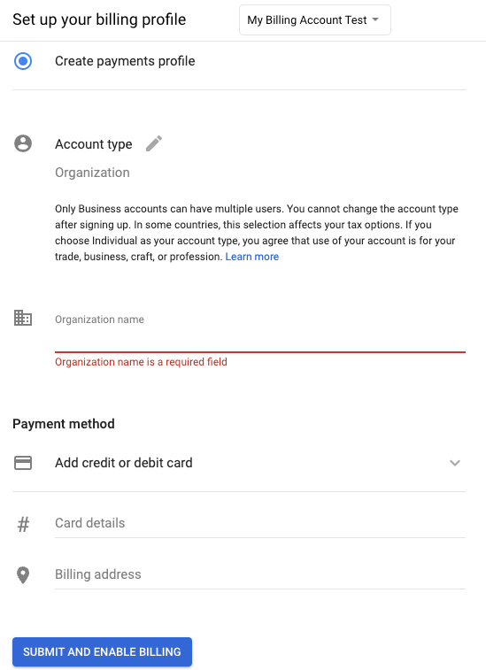 Create Payment Profile Google Maps Console
