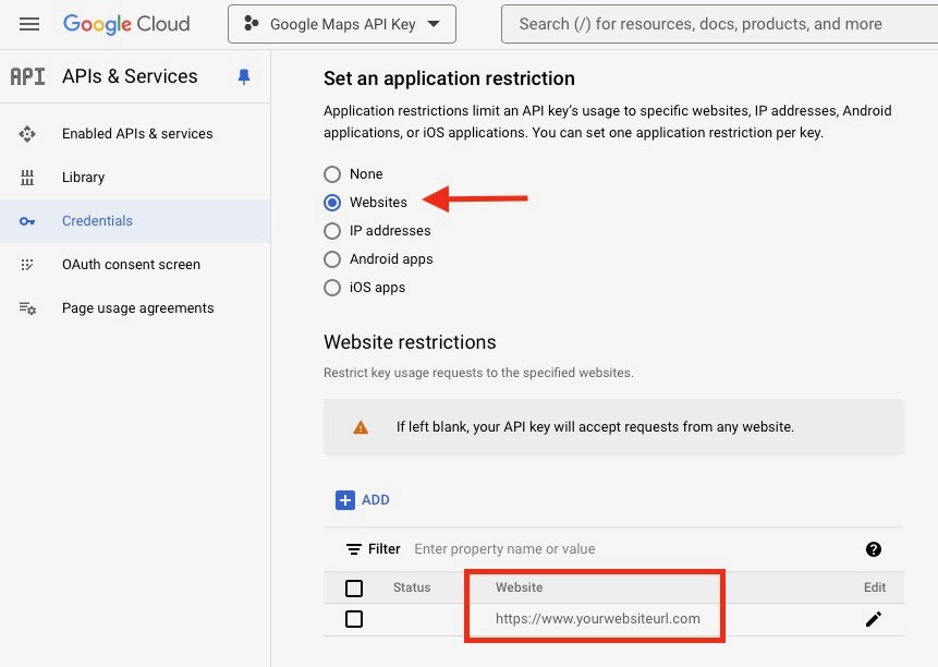 Add website referrer google maps api key